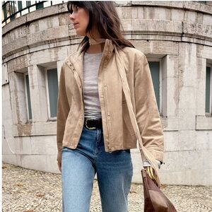 Zara Faux Suede High Collar Bomber Jacket in Taupe Brown